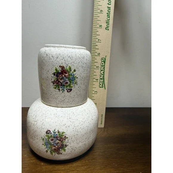Vintage Bedside Tumble Up Water Decanter Floral Cream With Brown Speckled - Picture 6 of 7
